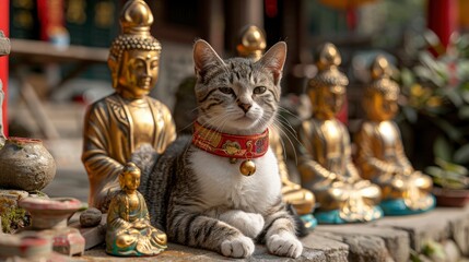 A White And Gray Alley Cat Lounging In Front Of Golden Statues, Photographed From The Front