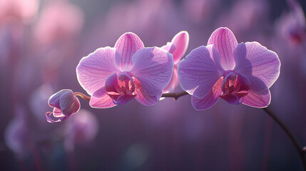 A delicate moth orchid with soft, white petals unfolds its beauty against a gentle lavender background, 