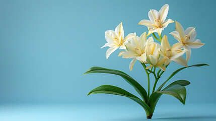 Fototapeta premium A unique vanilla orchid with greenish-yellow flowers and long green pods stands out against a clear sky blue background, 