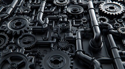 Naklejka premium Dark industrial 3D render featuring a pattern of vehicle parts, car gears, and pipes.