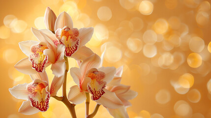 A graceful Cymbidium orchid with cascading, white flowers with pink accents flourishes on a light yellow background,