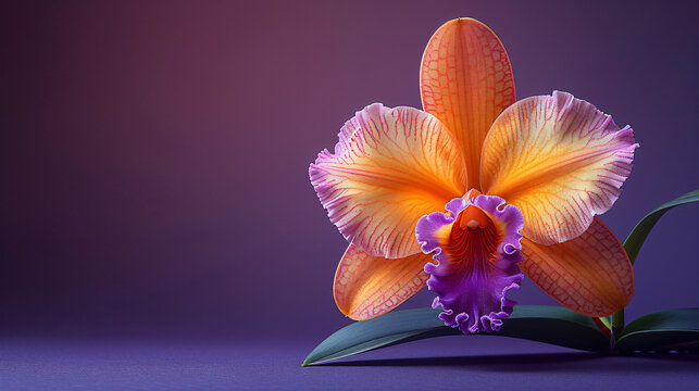 A single, vibrant Cattleya orchid with a ruffled lip and rich purple hues blooms proudly on a deep purple background, 