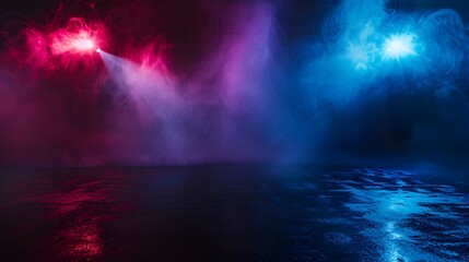 Dark empty space with blue and red neon spotlights, wet asphalt, smoke, and a night view of an industrial scene. Abstract dark texture providing a mock-up design with copy space.