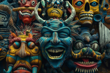 A collection of vividly colorful masks with intricate designs, showcasing a mix of emotions and expressions. Each mask tells a unique story of culture and artistry