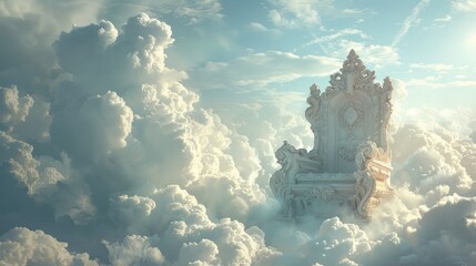 n ethereal throne floats majestically amidst a sea of white clouds in the sky. The throne is intricately designed with ornate patterns and exudes a sense of regality and mysticism. The surrounding
