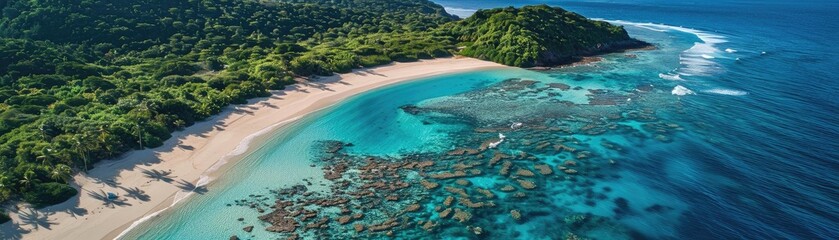 Obraz premium Aerial view of a pristine tropical beach with turquoise waters and lush greenery, perfect for travel and nature enthusiasts.