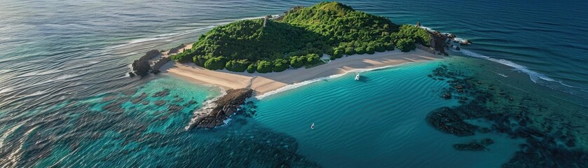 Aerial view of a tropical island surrounded by crystal-clear turquoise water and lush greenery, perfect for vacation and exploration.