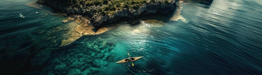 Obraz premium Aerial shot of a lone kayak navigating through crystal-clear turquoise waters near a rocky coastline, surrounded by breathtaking natural beauty.