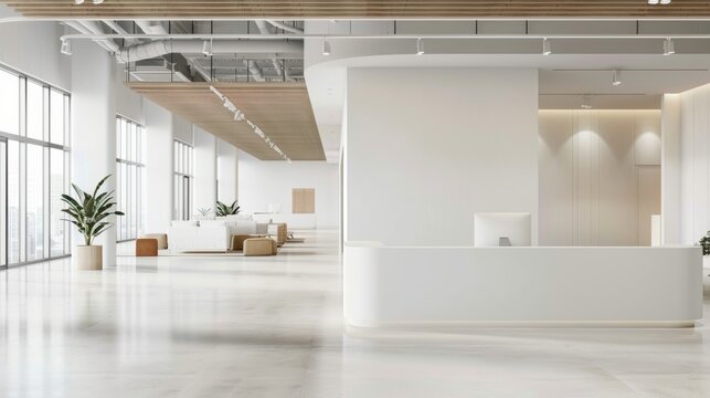 A large, empty office space with a white wall and a white desk. The room is filled with natural light and has a modern, minimalist design