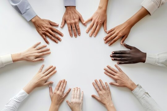 A group of people with different skin colors holding hands in a circle. Concept of unity and togetherness among people of different races