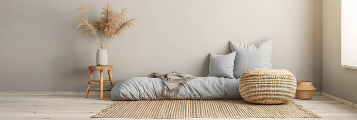 Serene room corner with relaxing ornaments that invite to meditate. Home interior design with zen elements and warm colors.