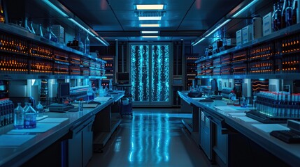 Fototapeta premium A cutting-edge gene-editing facility where CRISPR technology is used to prevent hereditary diseases, bathed in blue light