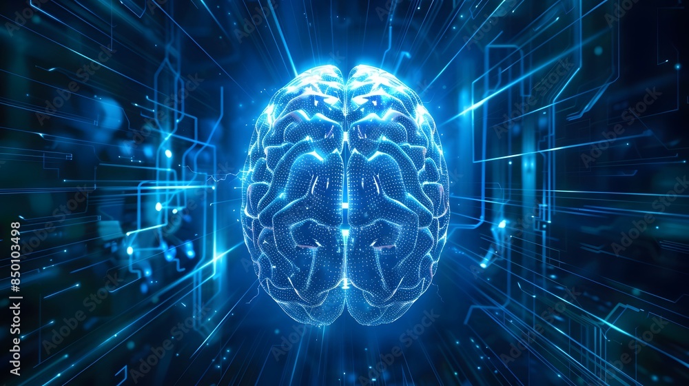 Poster cyber future technology concept featuring a blue intelligent artificial brain as the mother computer