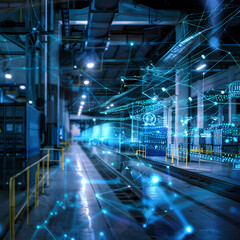 Obraz premium A holographic projection of a supply chain network diagram in a logistics center, business, dynamic and dramatic compositions, with copy space Generative AI