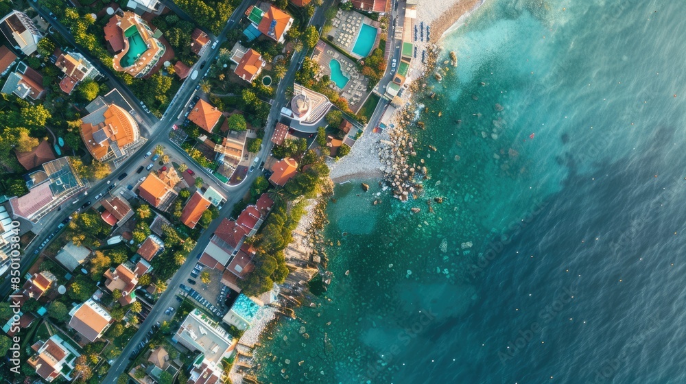 Wall mural An aerial view of a city by the waterfront showcasing urban design, architectural buildings, and natural landscapes including condominiums, houses, and art installations AIG50