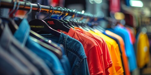 Obraz premium Elegant Clothing Display: A Retail Showcase of Fashionable Apparel on Stylish Hangers. This vibrant image features a curated selection of clothing, beautifully arranged on red and blue hangers, creati