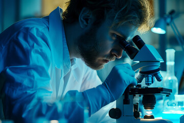 Focused scientist peering through a microscope under blue light. His intense concentration and precise work reflect dedication to scientific discovery