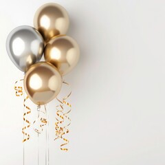 luxury golden happy birthday background. minimalist birthday background with  silver and gold balloons and ribbons flying around them. Birthday holiday background with copy space