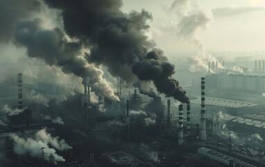 An image of the chimney, pipes and ventilation valve of a factory or refinery, where huge and black smoke comes out and causes environmental pollution and air heat.