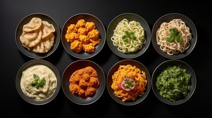 Assorted indian cuisine on white background  momos, butter chicken curry, samosas, pani puri