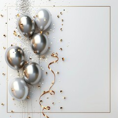 luxury golden happy birthday background. minimalist birthday background with  silver and gold balloons and ribbons flying around them. Birthday holiday background with copy space