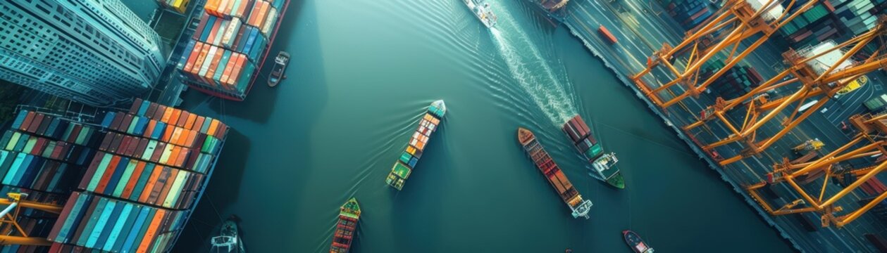 A cityscape with a river running through it. The buildings are tall and colorful, and the sky is cloudy. Scene is one of excitement and energy, as the city seems to be bustling with activity