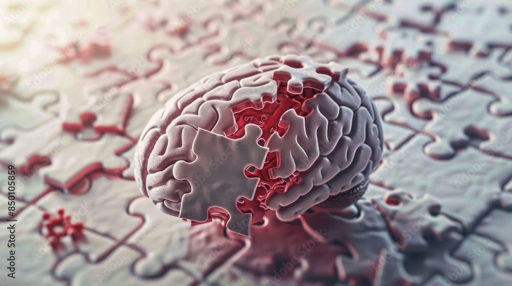 Poster a brain is cut in half and surrounded by jigsaw puzzle pieces. concept of the brain being a complex 