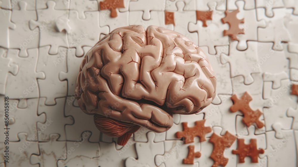 Poster a brain is cut in half and surrounded by jigsaw puzzle pieces. concept of the brain being a complex 