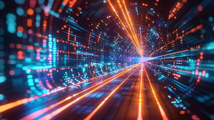 Futuristic digital corridor with vibrant neon lights and data streams, evoking sci-fi technology and high-speed internet connectivity.