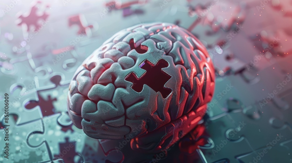 Poster a brain is cut in half and surrounded by jigsaw puzzle pieces. concept of the brain being a complex 