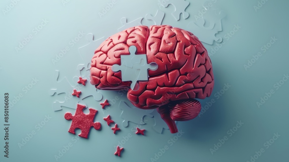 Poster a brain is cut in half and surrounded by jigsaw puzzle pieces. concept of the brain being a complex 