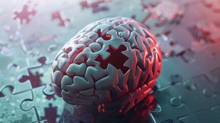 A brain is cut in half and surrounded by jigsaw puzzle pieces. Concept of the brain being a complex and intricate puzzle that is still being pieced together. Scene is one of curiosity and wonder