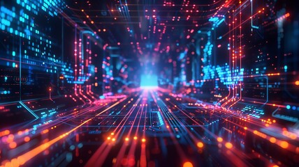 Futuristic technology background with neon lights, data streams, and a digital tunnel, representing virtual reality and advanced data networks.
