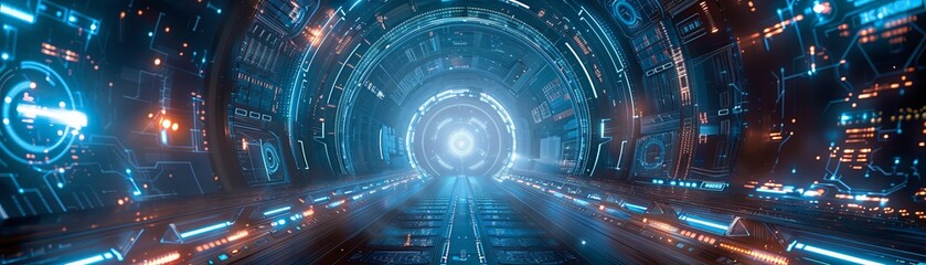 Futuristic sci-fi tunnel with glowing neon lights and advanced technology, perfect for concepts of space travel and digital innovation.