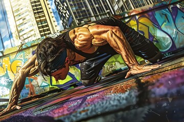 Strong man performing intense outdoor workout with push-ups on urban graffiti background, showcasing muscular strength and fitness dedication.