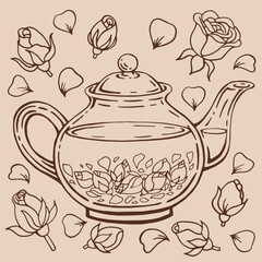 Glass teapot, rose. Hand drawn vector illustration in outline style.