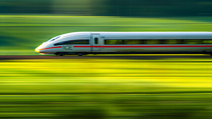 Fototapeta premium A red train is traveling down a track through a field