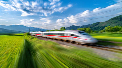 A red train is traveling down a track through a lush green field