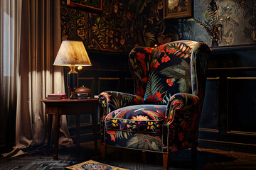 a chair with floral fabric and a lamp in a room
