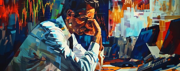 Abstract digital art depicting a troubled businessman in front of multiple screens with fluctuating stock market graphs, symbolizing financial stress.
