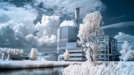 A large industrial plant with a tall chimney and a tree in front of it