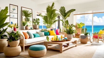 Fototapeta premium Create a modern Caribbean getaway living room with tropical plants and colorful decor