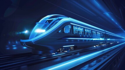 Fototapeta premium A futuristic high-speed train exits a tunnel on a viaduct against a dark blue backdrop, representing logistics, tourism, technology, and transport in a 3D vector illustration.