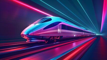 Fototapeta premium A futuristic high-speed train exits a tunnel on a viaduct against a dark blue backdrop, representing logistics, tourism, technology, and transport in a 3D vector illustration.