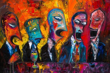Vivid abstract painting of expressive figures in colorful suits, conveying intense emotion against a vibrant background.