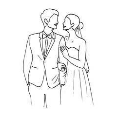 man and a woman stand next to each other with a smile - hand drawn doodle illustration of the bride hugging the hand of the groom standing next to him, they are happy