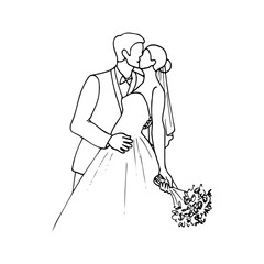 bride and groom kissing - hand drawn doodle illustration of a man kissing a woman, tilting her slightly