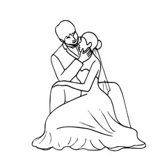 bride and groom sitting next to each other and looking tenderly at each other - hand drawn doodle illustration of man and woman in formal attire pose for photo