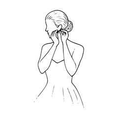 woman with a bun on her head, bustier dress, puts on earring in her ear - hand drawn doodle illustration of a bride before her wedding