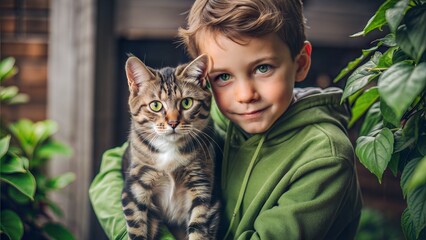 A touching portrait of a boy sitting with his pet cat, both looking at the camera with a sense of mutual trust and affection.